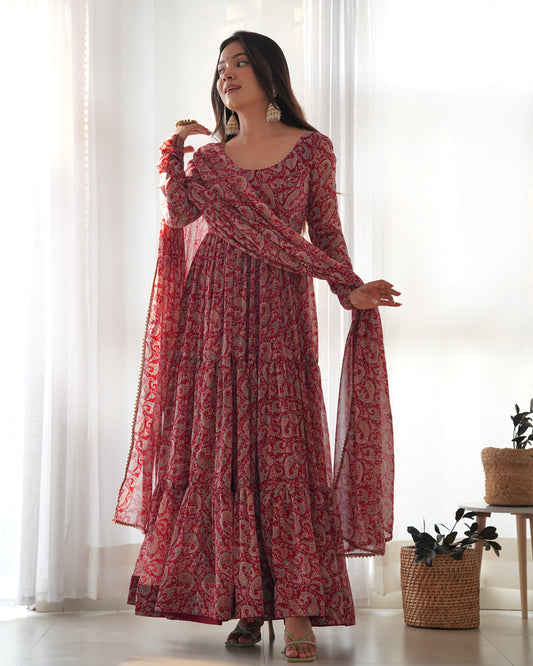 Ready to Wear Kalamkari Print Soft Fox Georgette Anarkali with Dupatta and Pant Set - Jaipuri Vastra