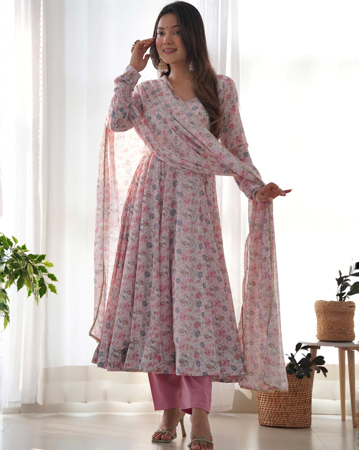 Beautiful Chiffon Anarkali with Dupatta and Pant Ready to Wear - Jaipuri Vastra