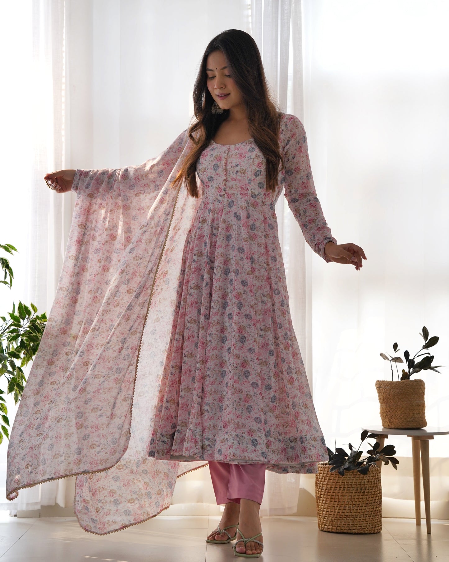 Beautiful Chiffon Anarkali with Dupatta and Pant Ready to Wear - Jaipuri Vastra
