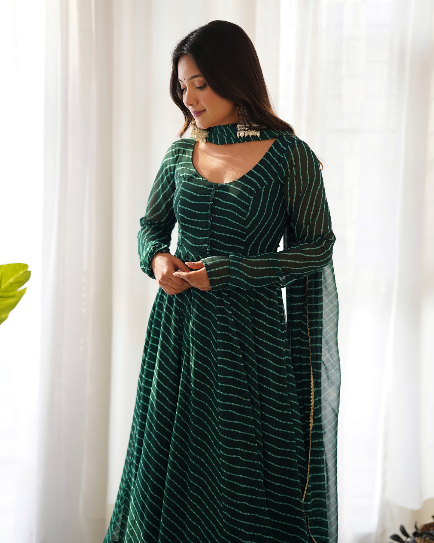 Fully Flared Laheriya Anarkali Suit Set in Pure Fox Georgette with Potli Button Detail - Jaipuri Vastra