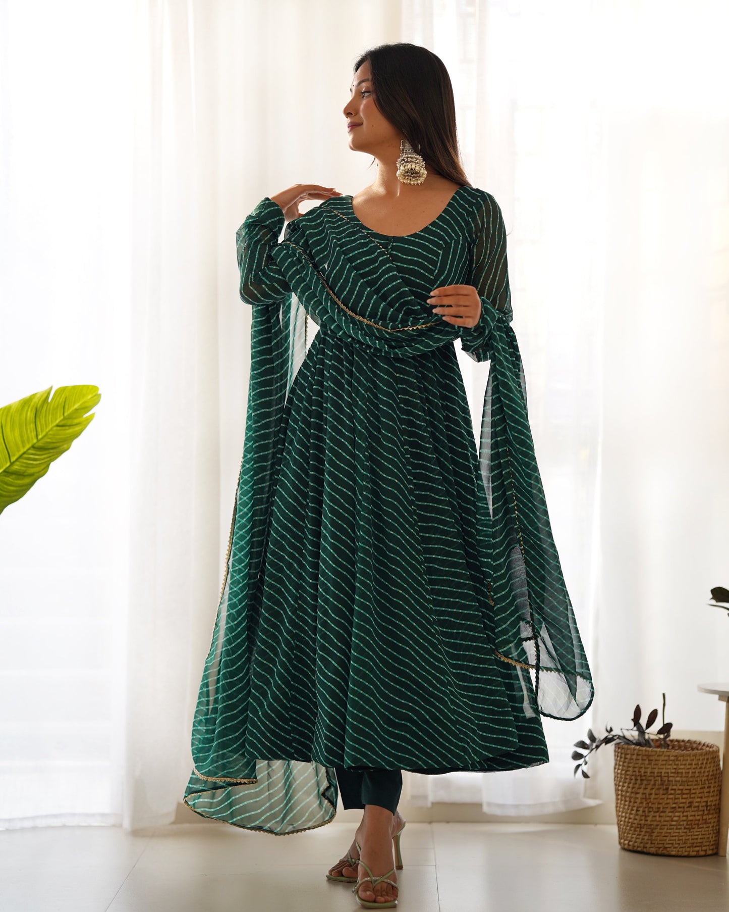 Fully Flared Laheriya Anarkali Suit Set in Pure Fox Georgette with Potli Button Detail - Jaipuri Vastra