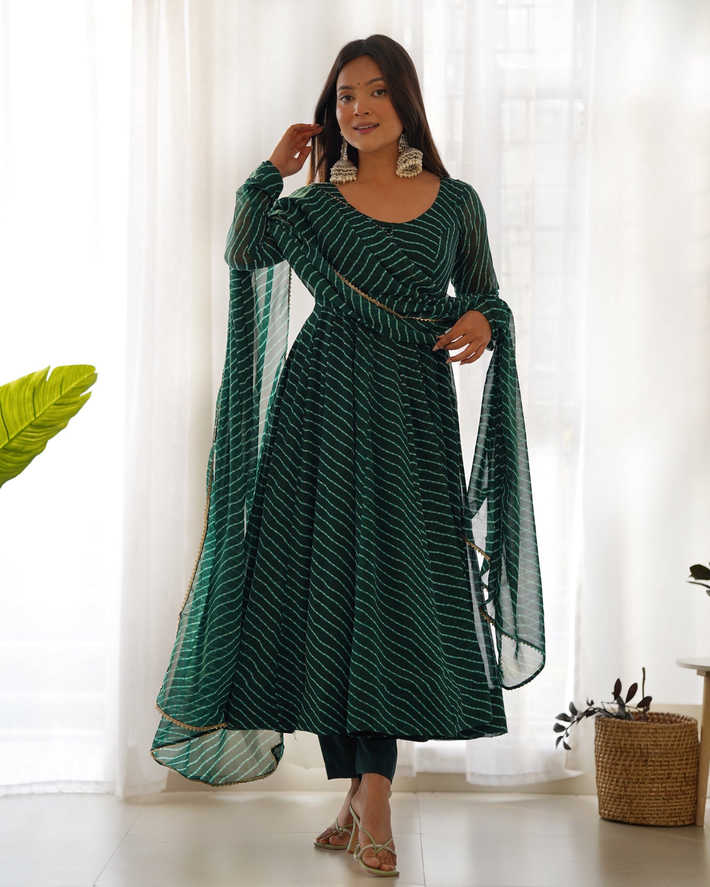Fully Flared Laheriya Anarkali Suit Set in Pure Fox Georgette with Potli Button Detail - Jaipuri Vastra