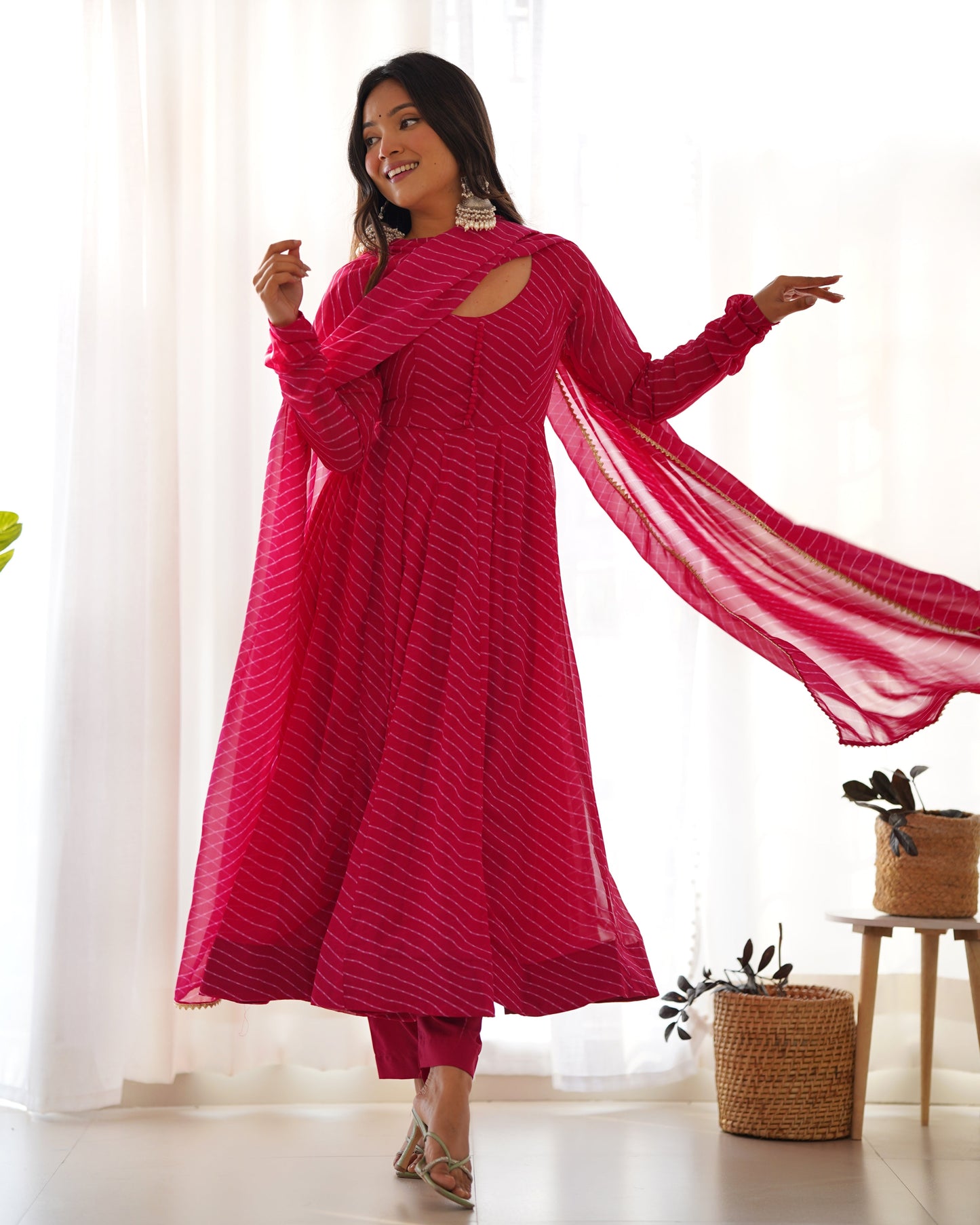 Fully Flared Laheriya Anarkali Suit Set in Pure Fox Georgette with Potli Button Detail - Jaipuri Vastra