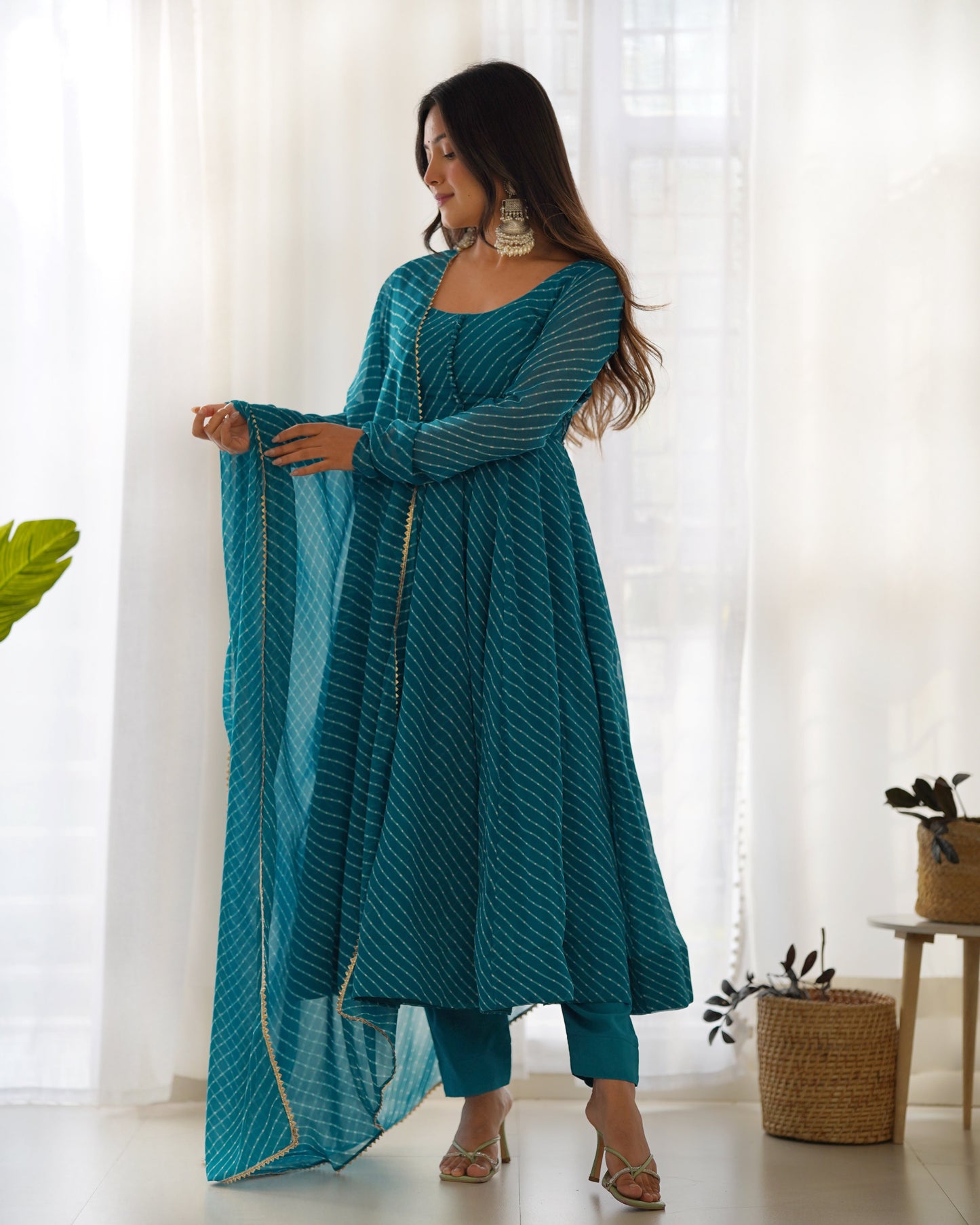 Fully Flared Laheriya Anarkali Suit Set in Pure Fox Georgette with Potli Button Detail - Jaipuri Vastra