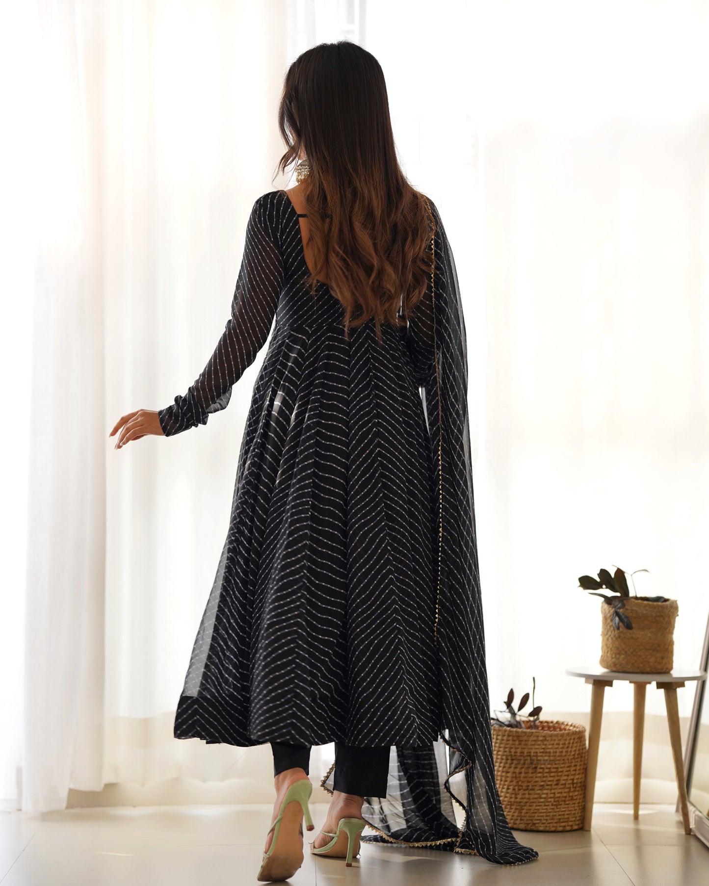 Fully Flared Laheriya Anarkali Suit Set in Pure Fox Georgette with Potli Button Detail - Jaipuri Vastra
