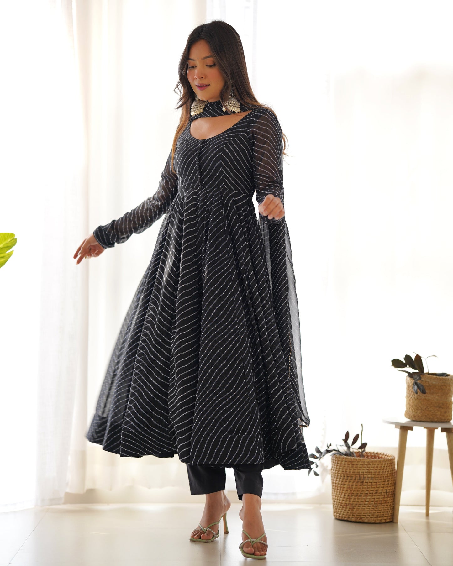 Fully Flared Laheriya Anarkali Suit Set in Pure Fox Georgette with Potli Button Detail - Jaipuri Vastra