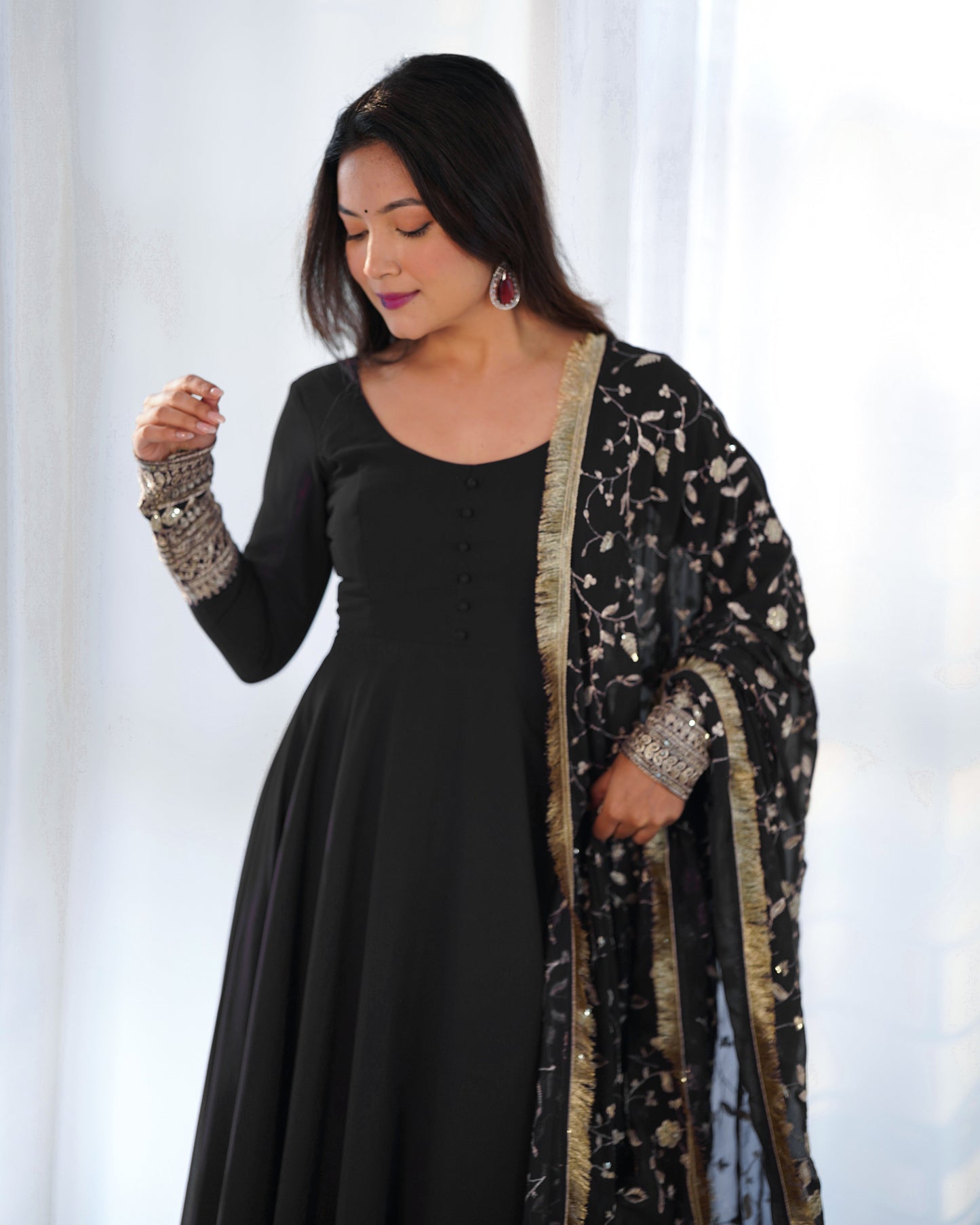 Heavy Fox Georgette Anarkali Gown Set with Stylish Yoke and Sleeves - Jaipuri Vastra