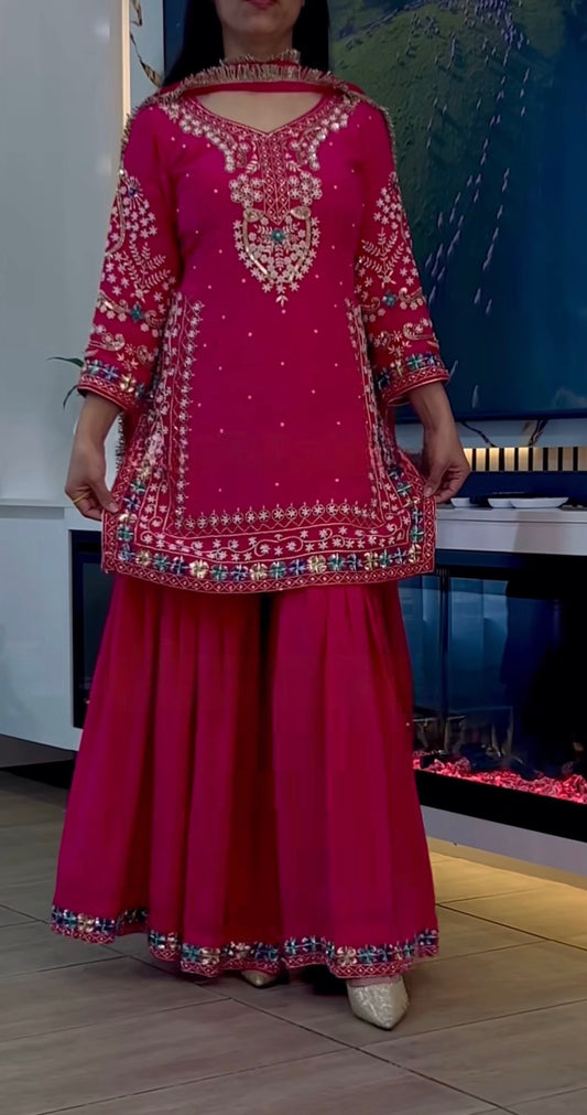 Premium Heavy Chinon Embroidered Sharara Suit β Designer Party Wear (Pink)