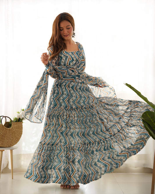 Pure Soft Fox Georgette Zigzag Print Fully Flared Anarkali with Dupatta and Pant Set - Jaipuri Vastra