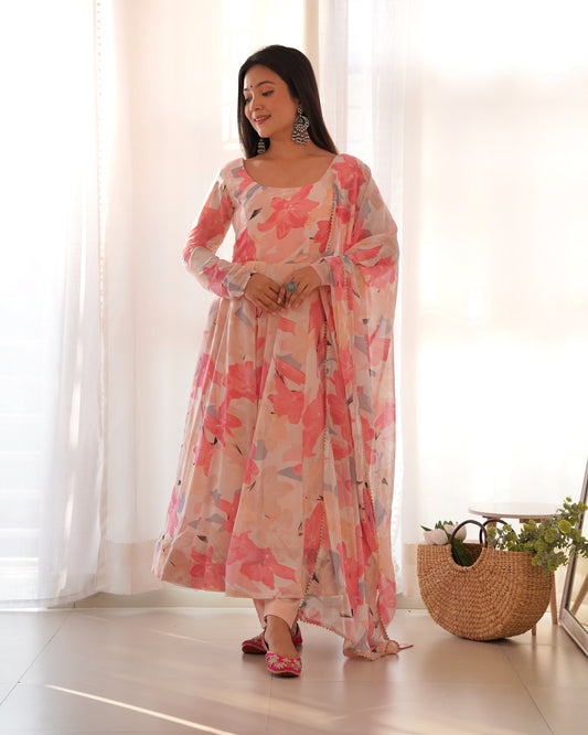 Stylish Fox Georgette Floral Anarkali with Churidar Sleeves and Dupatta - Jaipuri Vastra