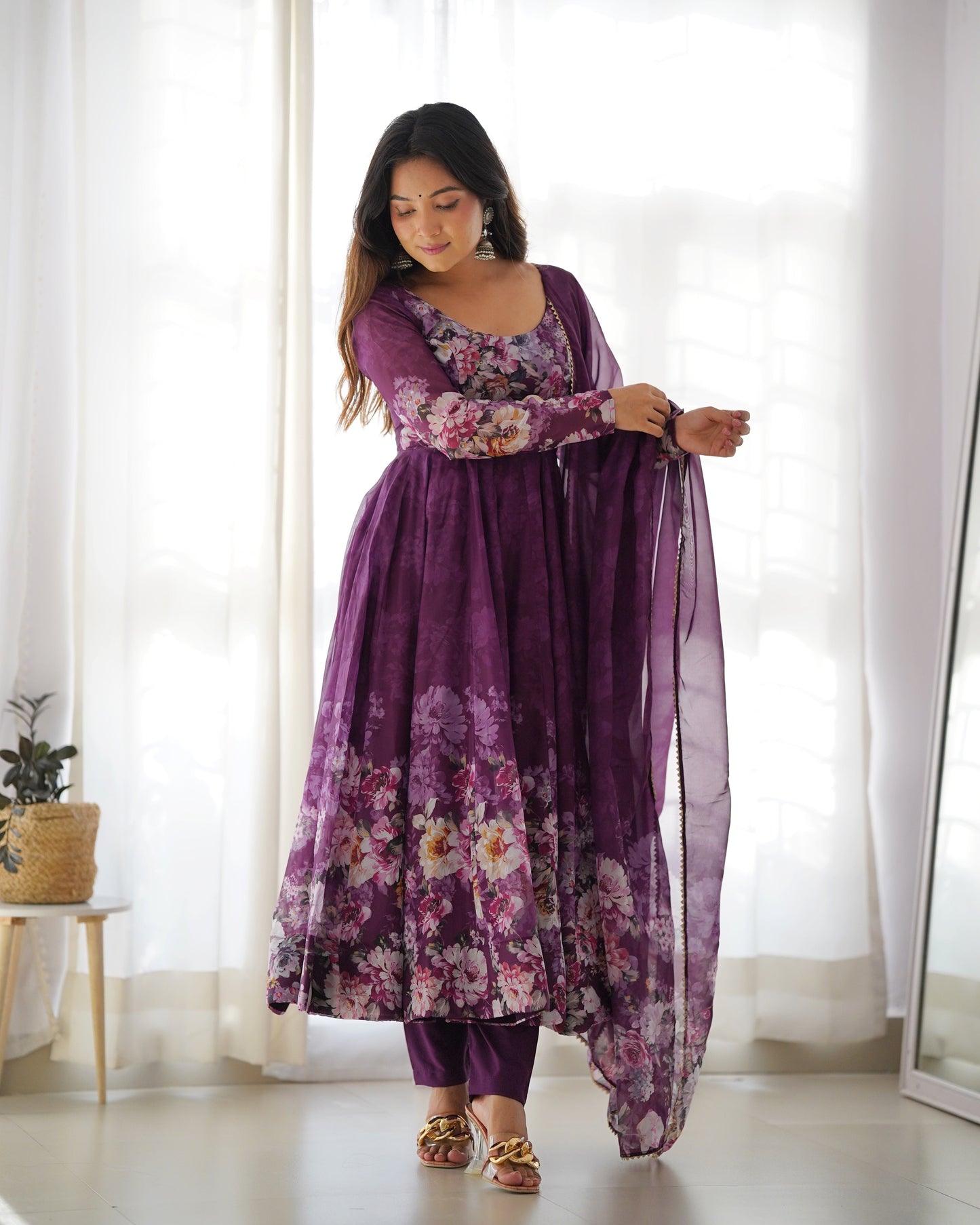 Designer Organza Anarkali with Canvas Border and Complete Flair - Jaipuri Vastra