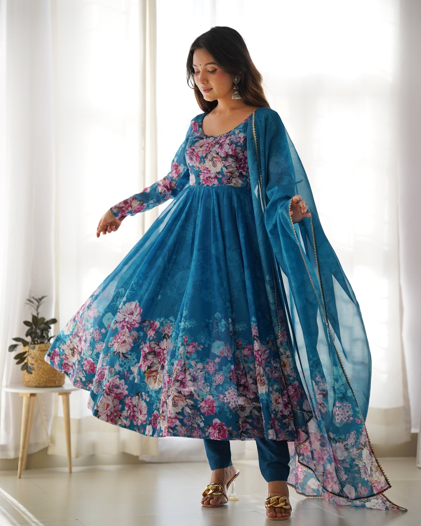 Designer Organza Anarkali with Canvas Border and Complete Flair - Jaipuri Vastra