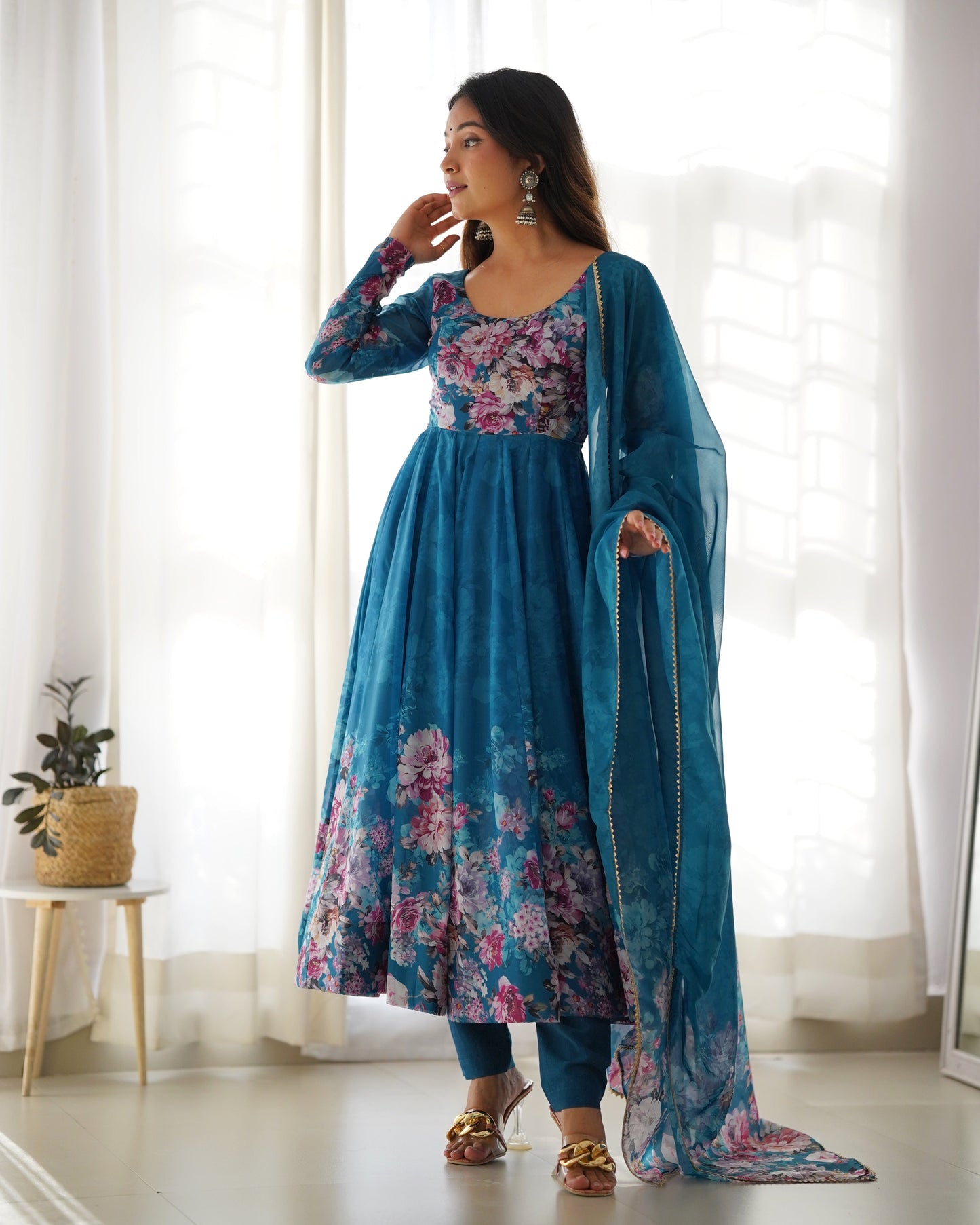 Designer Organza Anarkali with Canvas Border and Complete Flair - Jaipuri Vastra