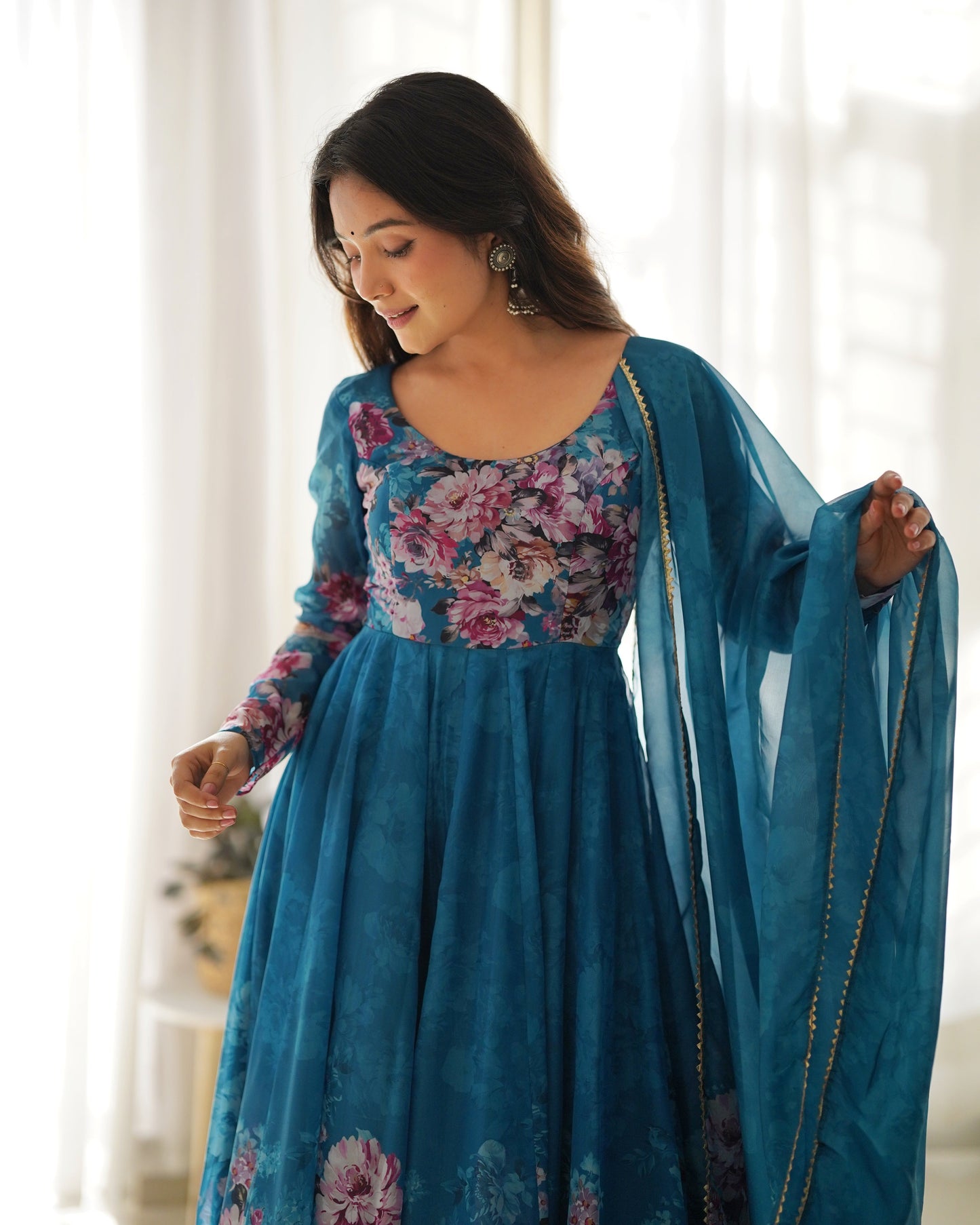 Designer Organza Anarkali with Canvas Border and Complete Flair - Jaipuri Vastra