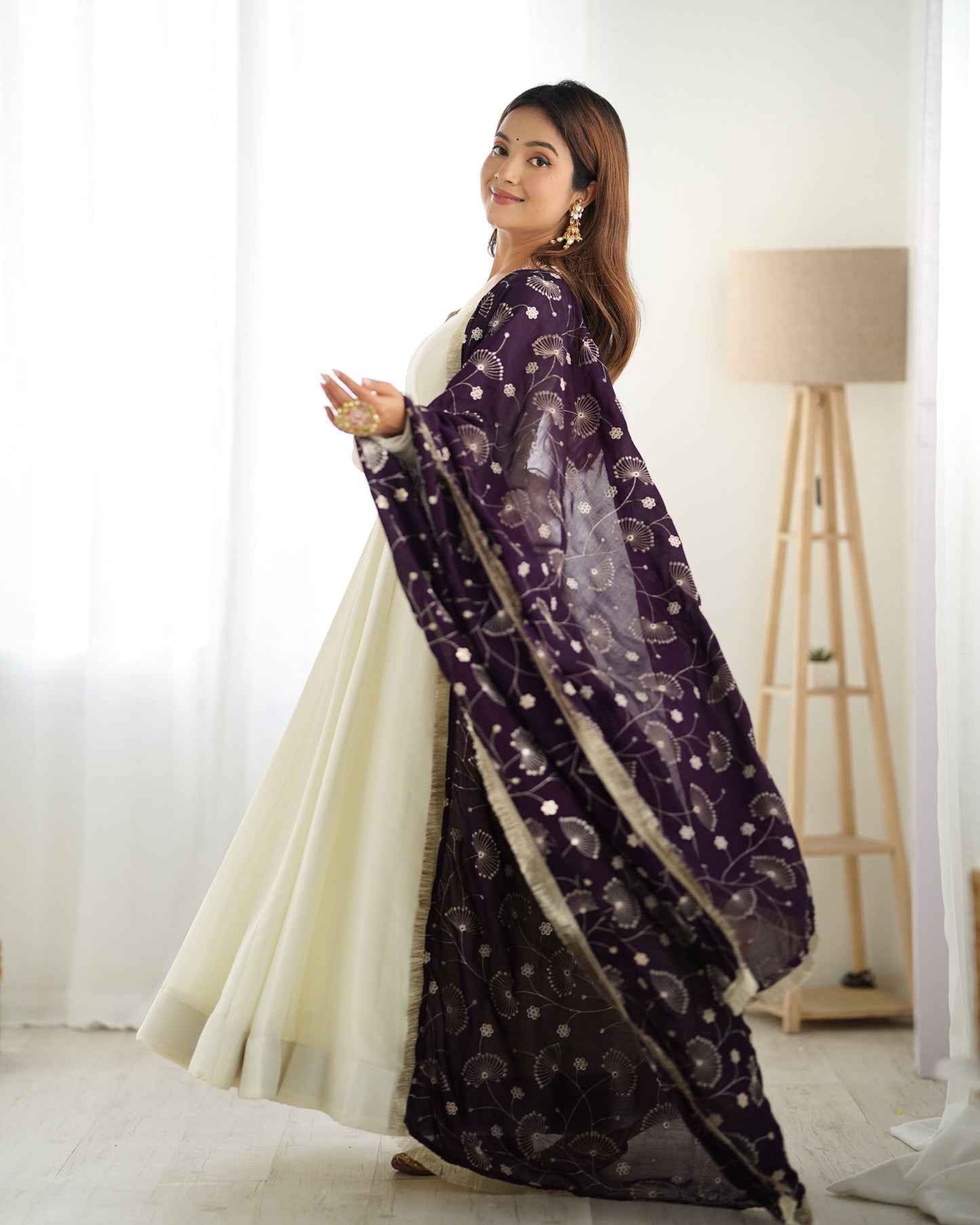 Pure Soft Vichitra Silk Fully Flared Kali Pattern Gown with Dupatta and Pant Set - Jaipuri Vastra