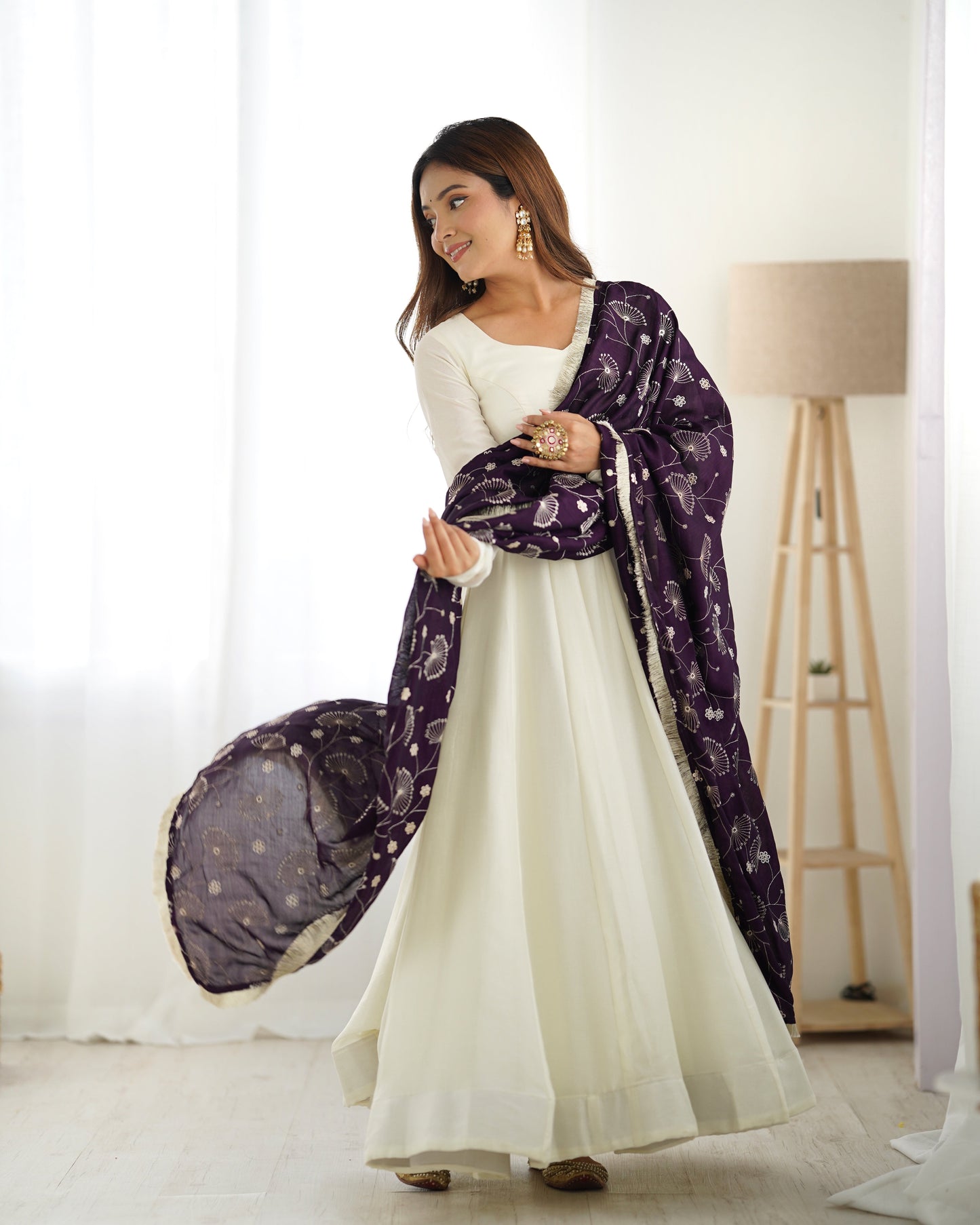 Pure Soft Vichitra Silk Fully Flared Kali Pattern Gown with Dupatta and Pant Set - Jaipuri Vastra