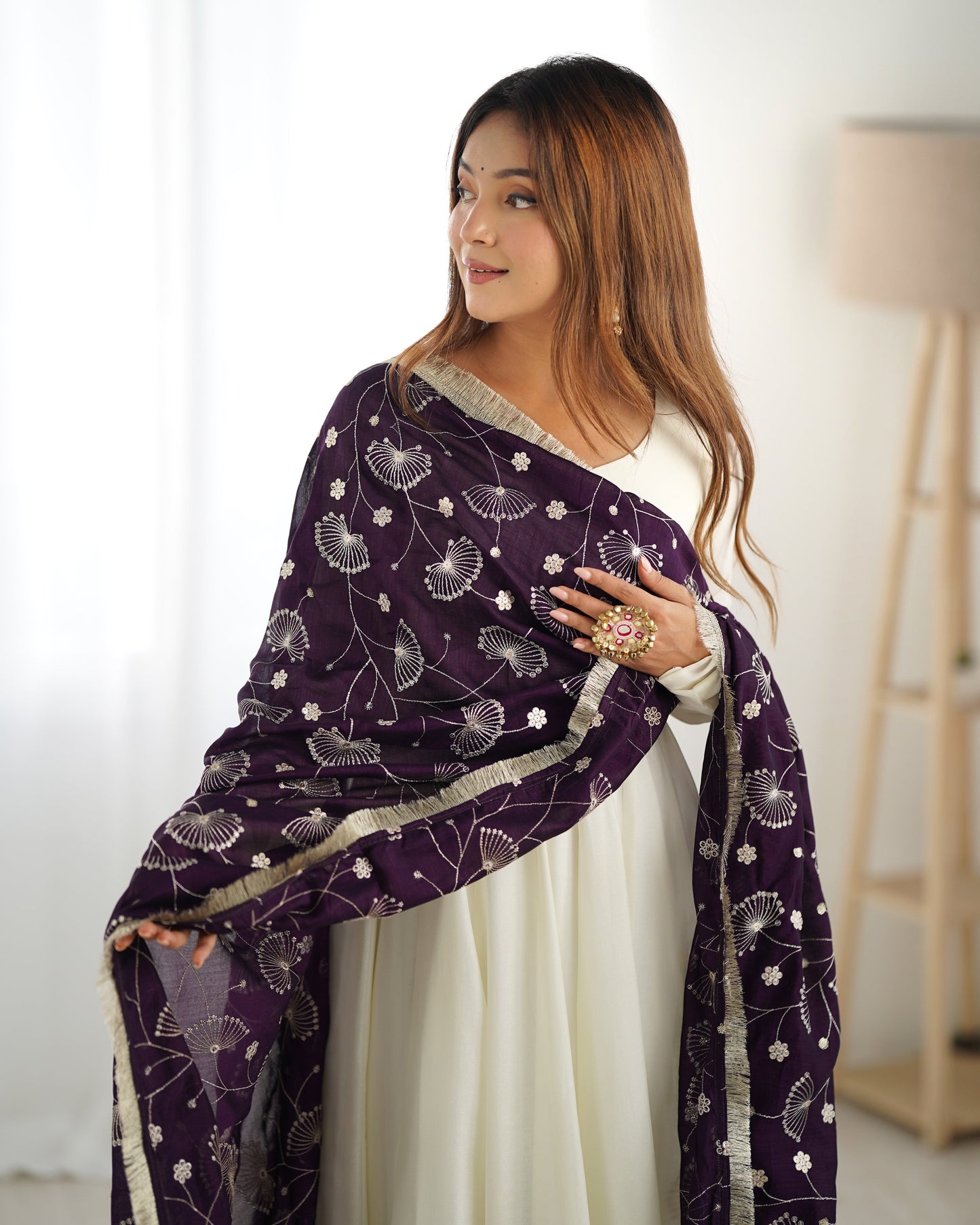 Pure Soft Vichitra Silk Fully Flared Kali Pattern Gown with Dupatta and Pant Set - Jaipuri Vastra