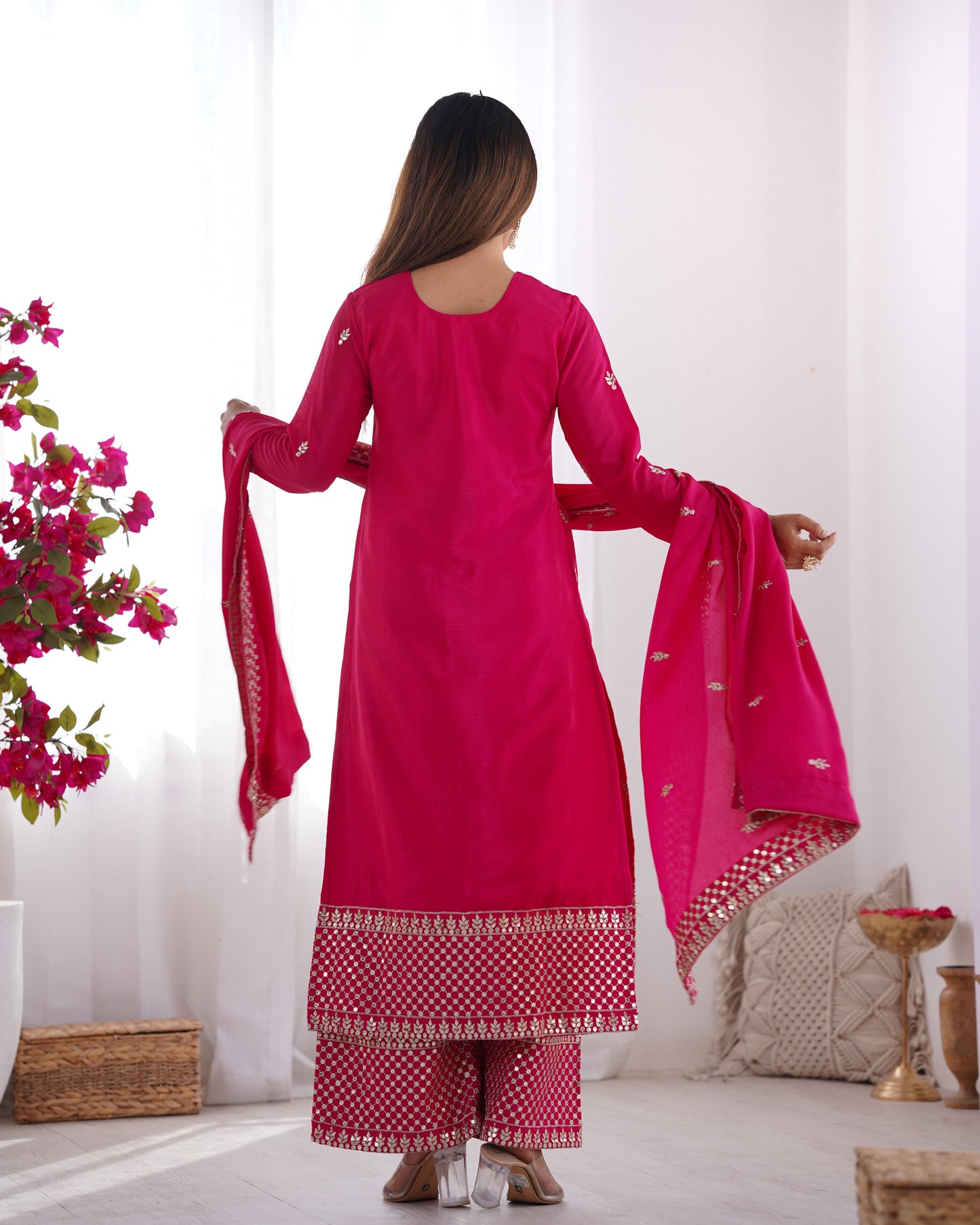 Designer Embroidered Chinon Silk Kurta with Zari and Sequence Work, Paired with Trousers and Dupatta - Jaipuri Vastra