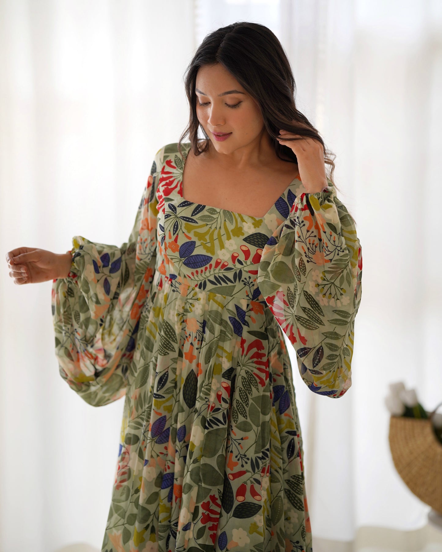 Elegant Fox Georgette Floral Maxi with Full Balloon Sleeves and Flared Silhouette - Jaipuri Vastra