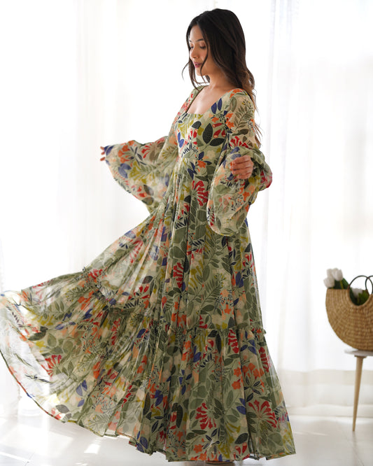 Elegant Fox Georgette Floral Maxi with Full Balloon Sleeves and Flared Silhouette - Jaipuri Vastra