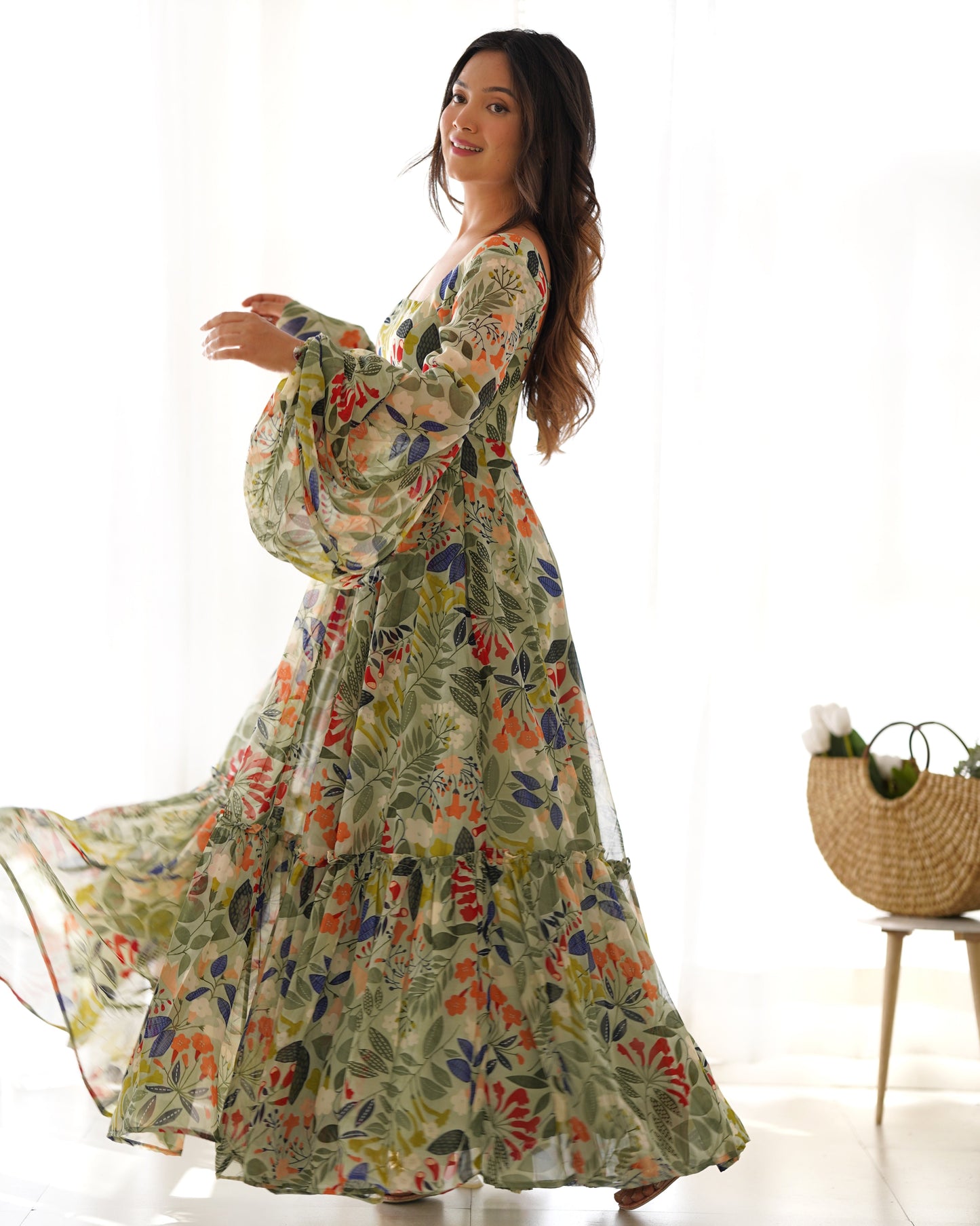 Elegant Fox Georgette Floral Maxi with Full Balloon Sleeves and Flared Silhouette - Jaipuri Vastra