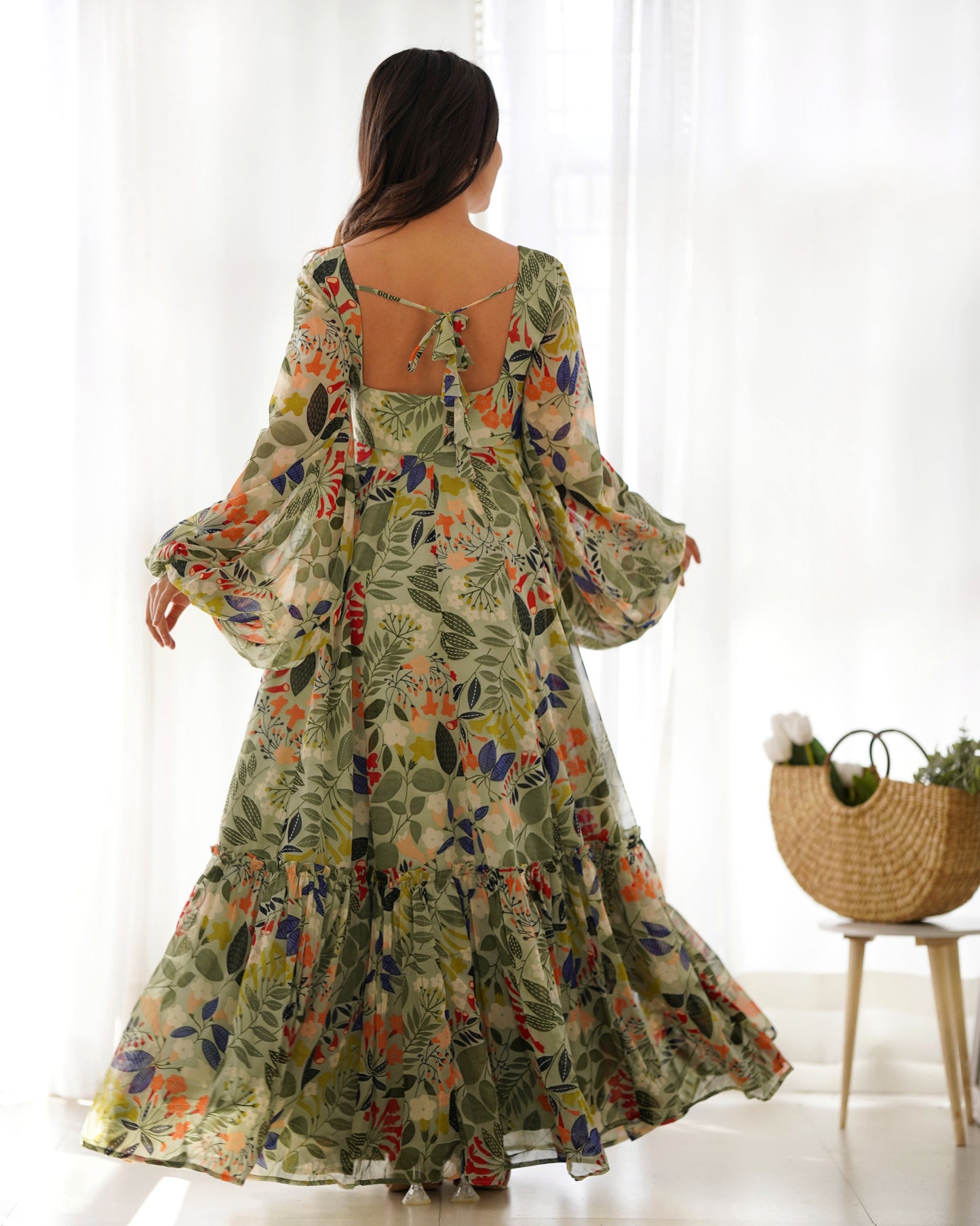 Elegant Fox Georgette Floral Maxi with Full Balloon Sleeves and Flared Silhouette - Jaipuri Vastra