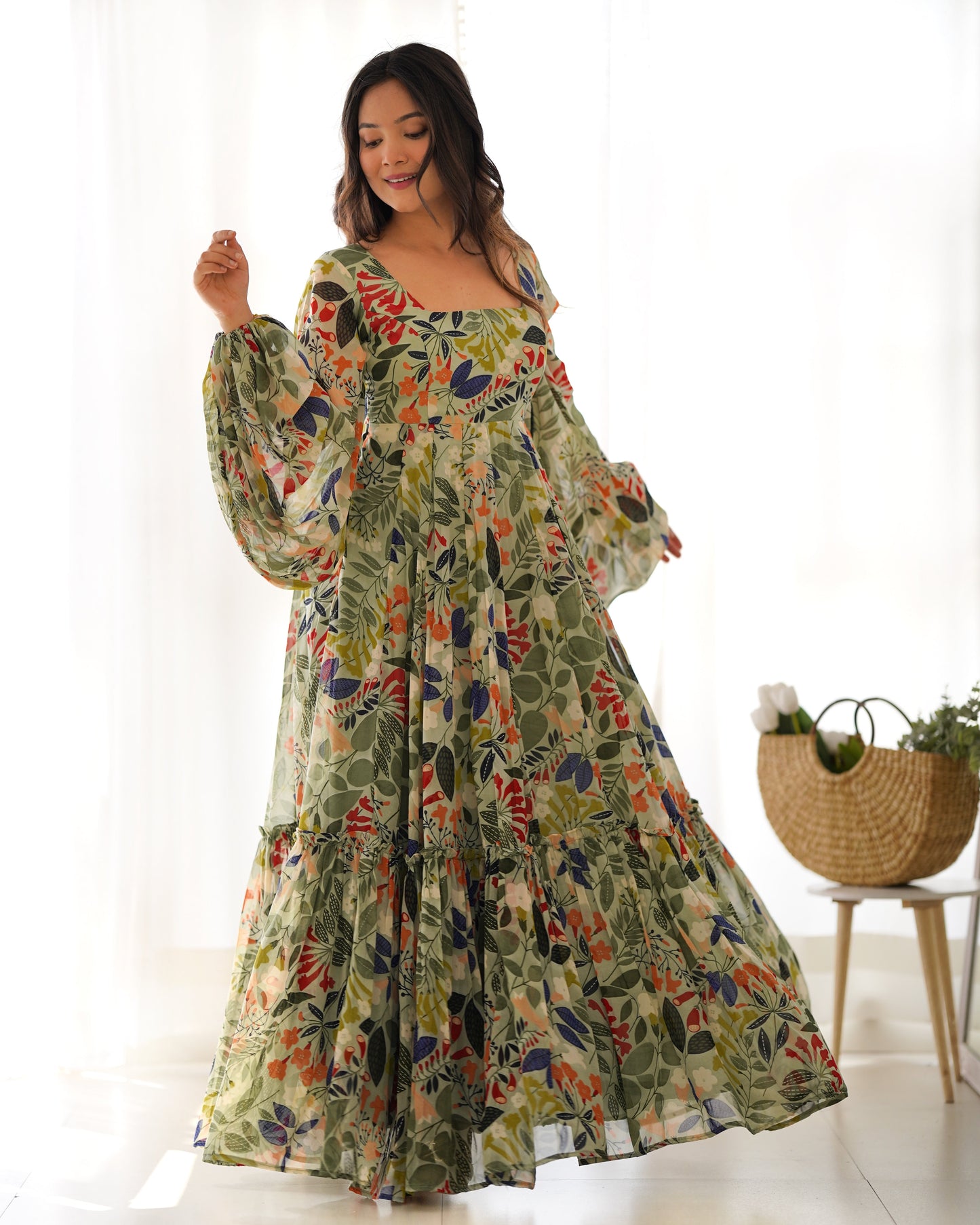 Elegant Fox Georgette Floral Maxi with Full Balloon Sleeves and Flared Silhouette - Jaipuri Vastra