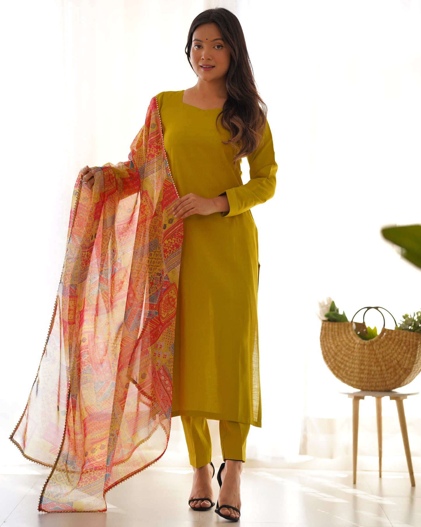 Designer Viscose Kurta Set with Organza Floral Dupatta and Gota Patti Lace - Jaipuri Vastra