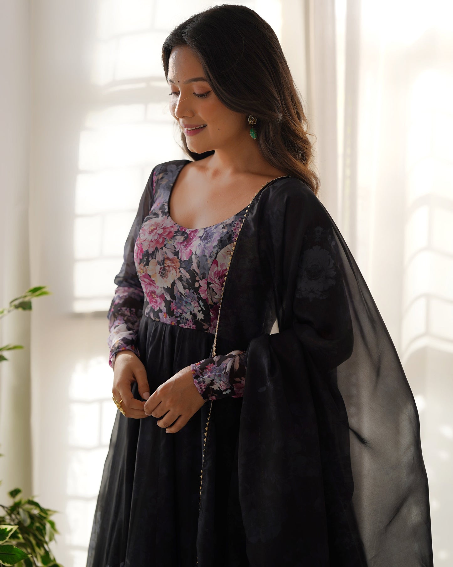 Designer Organza Anarkali with Canvas Border and Complete Flair - Jaipuri Vastra