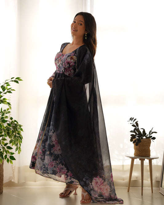 Designer Organza Anarkali with Canvas Border and Complete Flair - Jaipuri Vastra