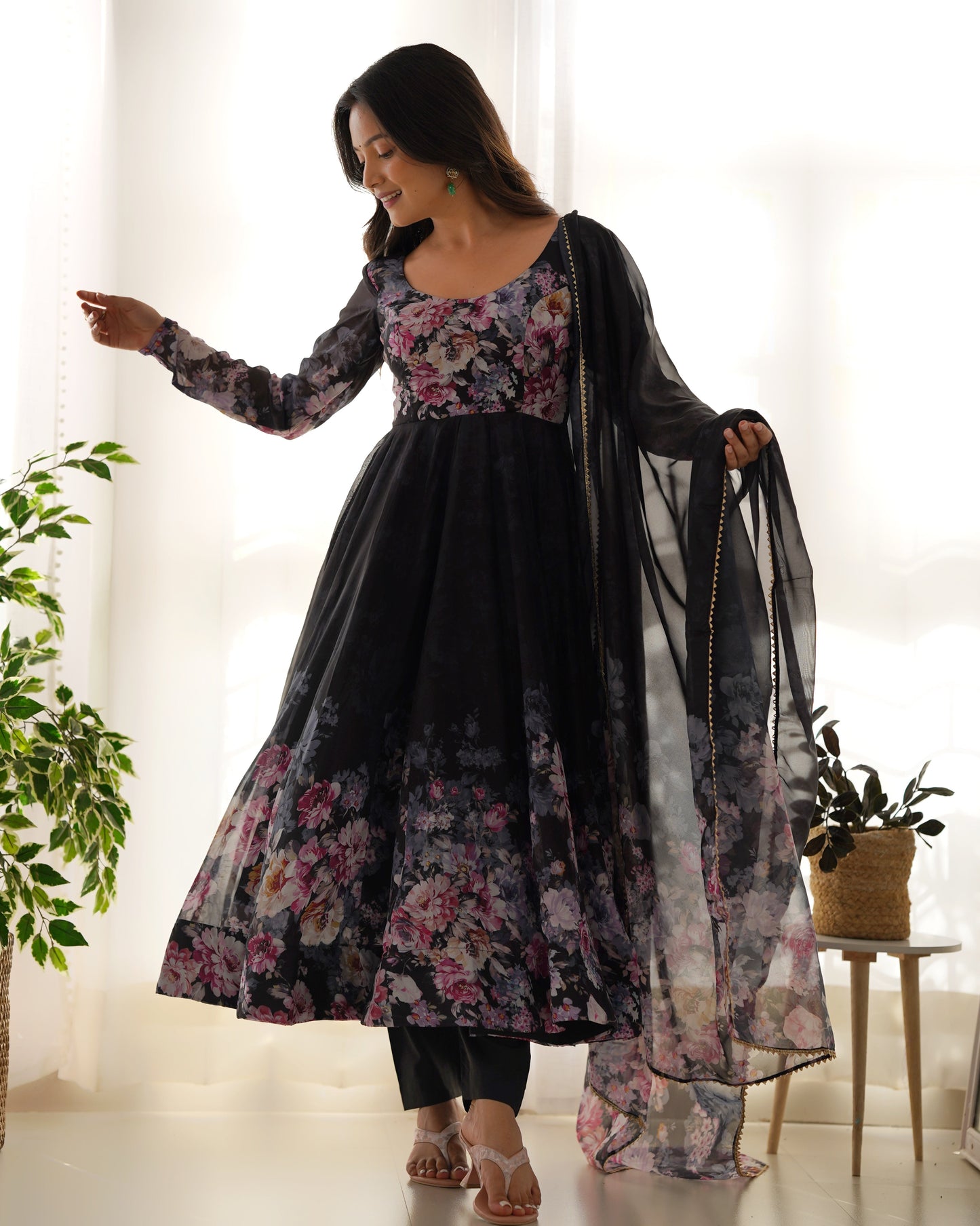 Designer Organza Anarkali with Canvas Border and Complete Flair - Jaipuri Vastra