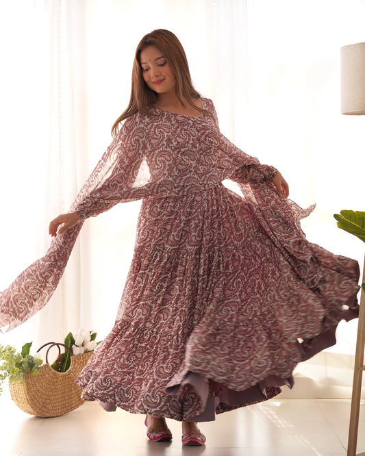 Elegant Three-Layer Fox Georgette Printed Anarkali with Churidar Sleeves & Zipper - Jaipuri Vastra