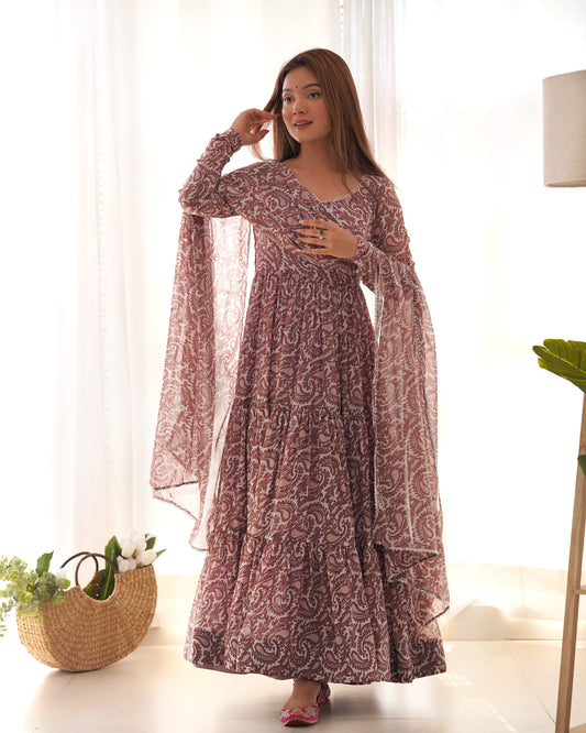 Elegant Three-Layer Fox Georgette Printed Anarkali with Churidar Sleeves & Zipper - Jaipuri Vastra