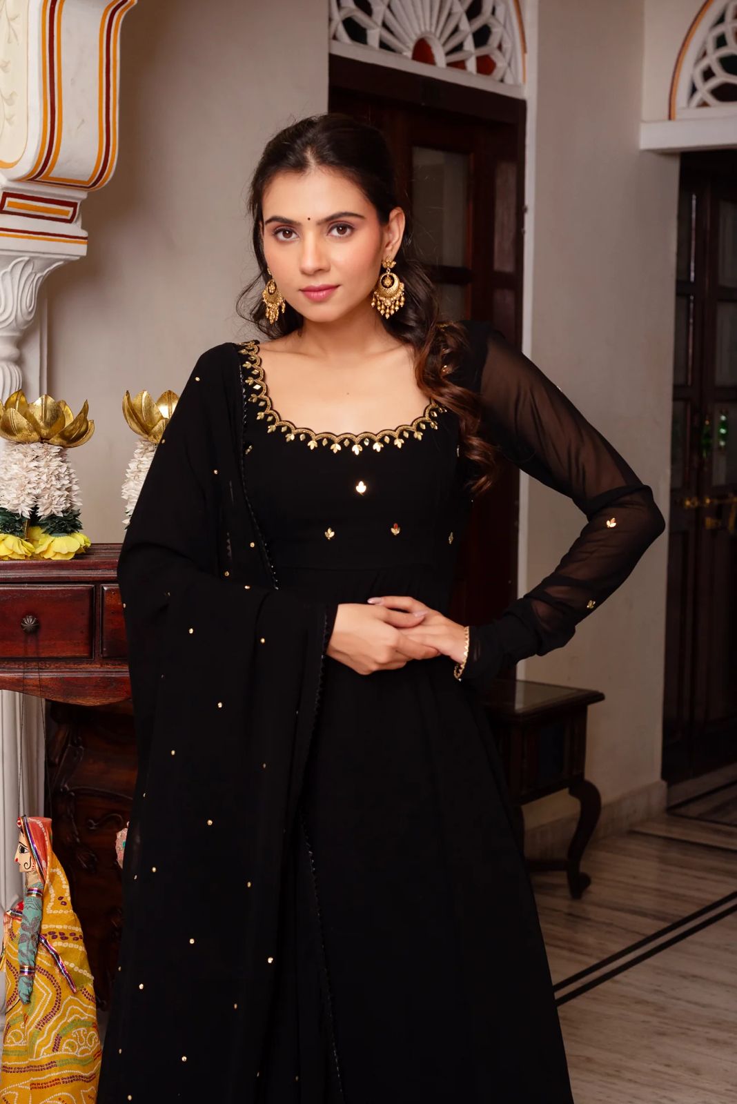Designer Faux Georgette Top with Lace Border and Handwork, Cotton Elasticated Pant, and Embroidered Dupatta