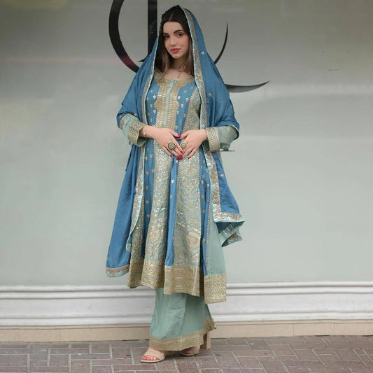 Elegant Faux Georgette Ensemble Featuring Intricate Sequin Embroidery on Sharara and Top with Dupatta - Jaipuri Vastra