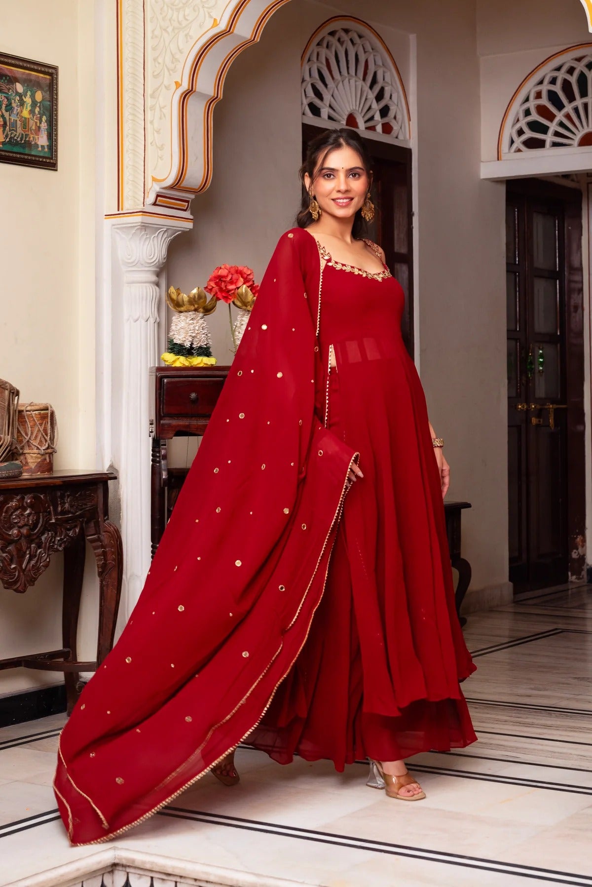 Handcrafted Gown and Pant Set with Micro Inner and Lace-Bordered Dupatta in Faux Georgette