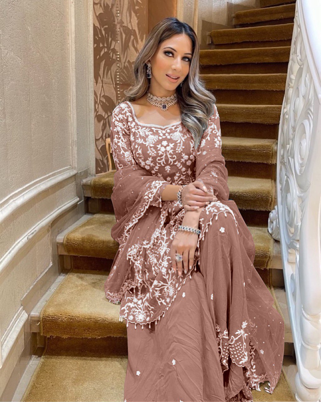 Stylish Faux Georgette Outfit with Heavy Chine Embroidery and Pearl Detailing on All Sides - Jaipuri Vastra