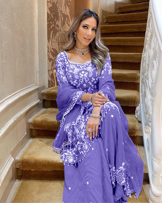 Stylish Faux Georgette Outfit with Heavy Chine Embroidery and Pearl Detailing on All Sides - Jaipuri Vastra