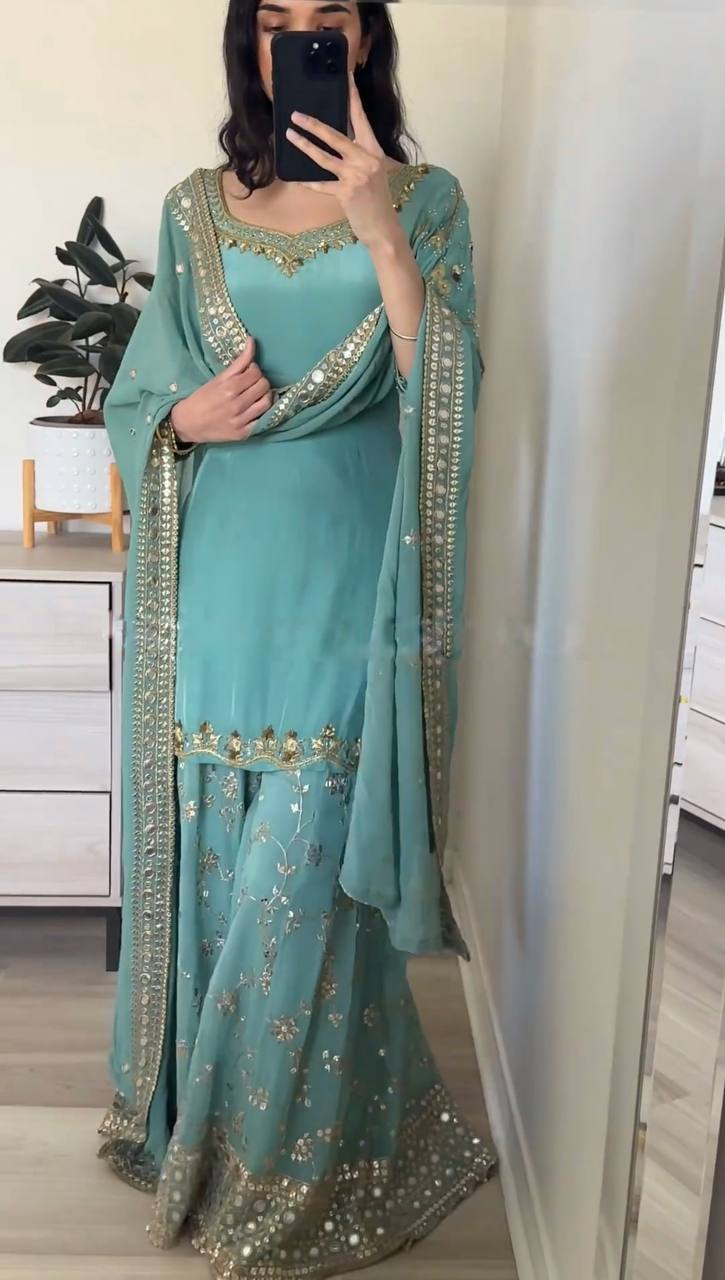 Stylish Designer Party Wear Top Plazzo Dupatta Set in Heavy Faux Georgette with Full Sleeve Embroidery Work - Jaipuri Vastra