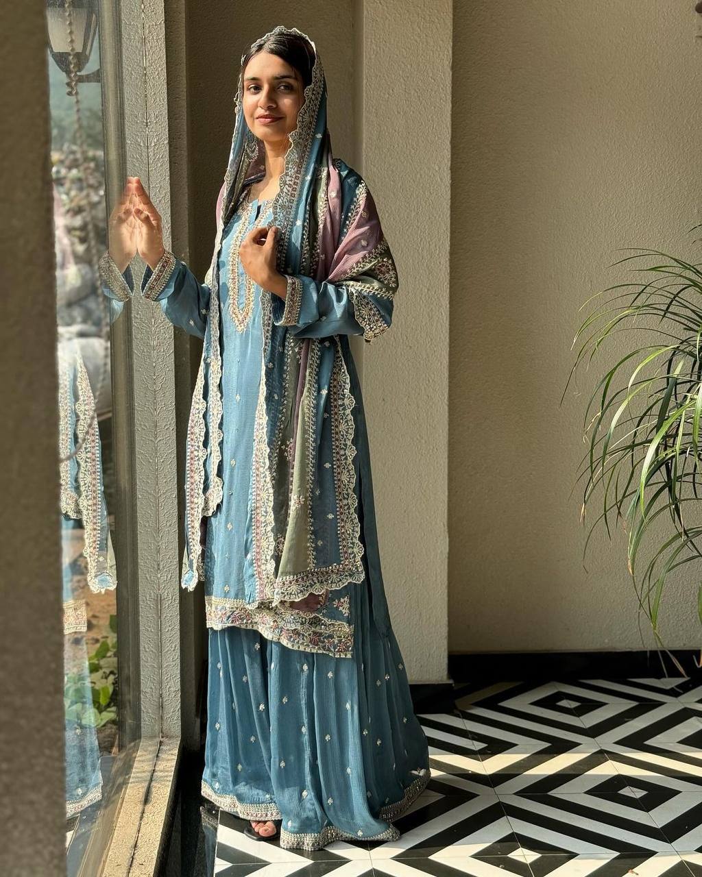 Stylish Occasion Wear with Sequin Work on Georgette Top, Palazzo and Matching Dupatta - Jaipuri Vastra