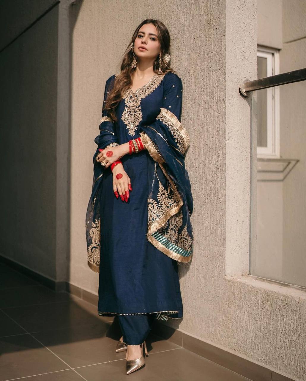 Designer Pure Chinnon Top Bottom Dupatta Set Heavy Embroidery Blue - Jaipuri Vastra