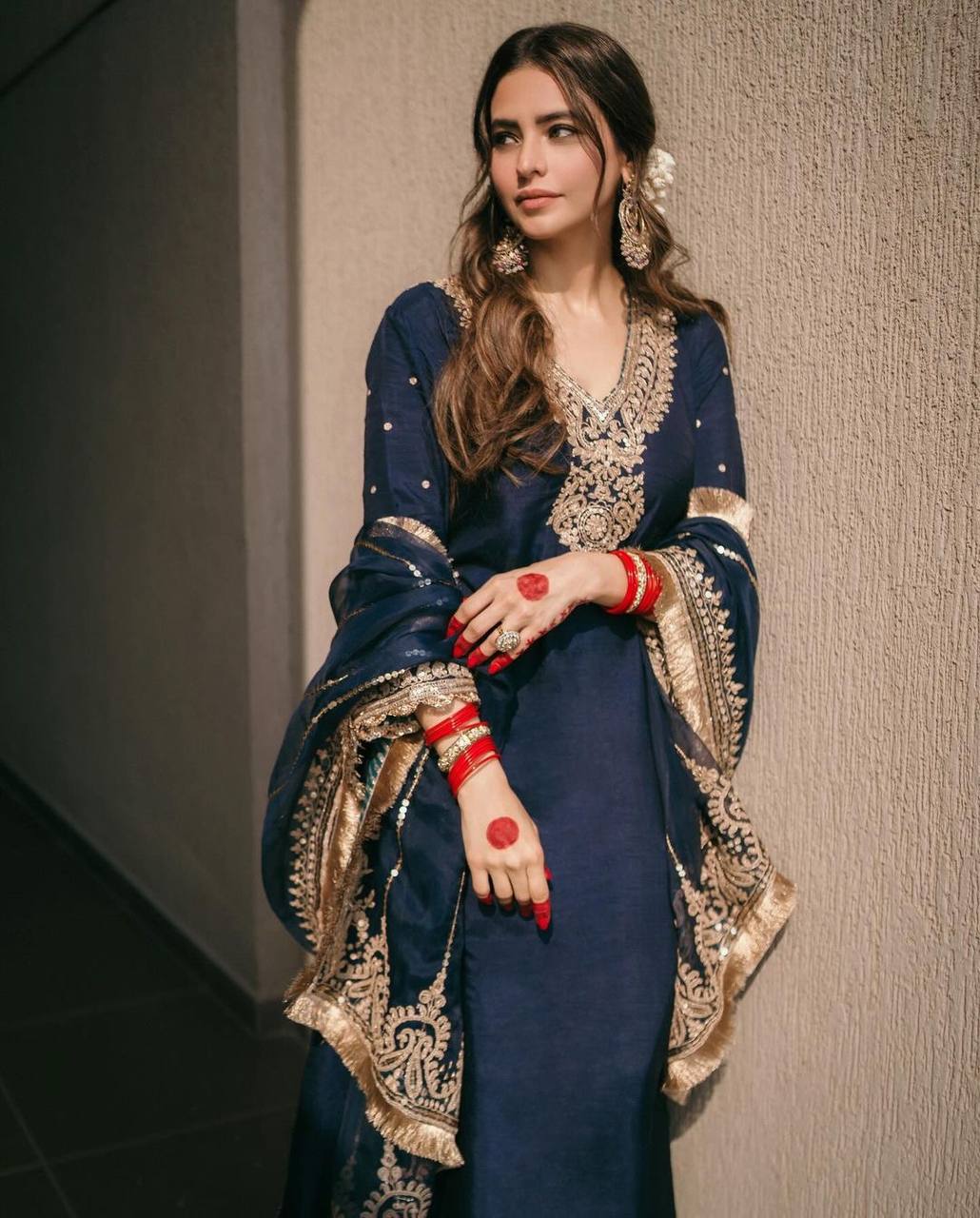 Designer Pure Chinnon Top Bottom Dupatta Set Heavy Embroidery Blue - Jaipuri Vastra