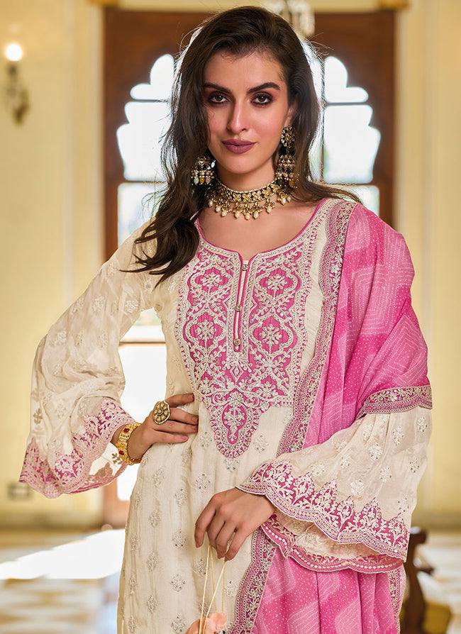 Premium Suit Set in Faux Georgette with Intricate Chine Sequin Work and Matching Palazzo - Jaipuri Vastra