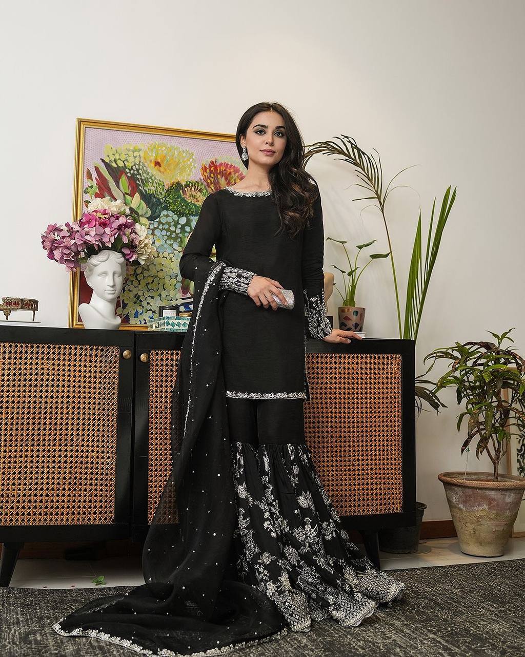 Elegant Black Faux Georgette Embroidered Top-Plazzo with Dupatta Set - Jaipuri Vastra