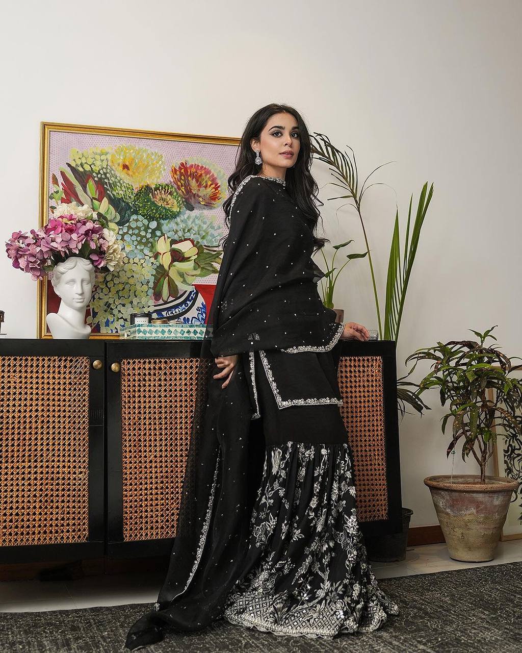 Elegant Black Faux Georgette Embroidered Top-Plazzo with Dupatta Set - Jaipuri Vastra