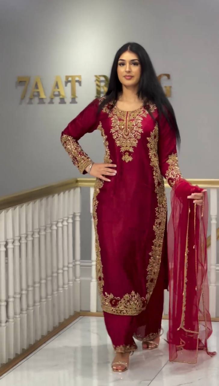 Stylish Occasion Wear in Roman Silk with Detailed Chine Stitch and Hand Work Accents - Jaipuri Vastra