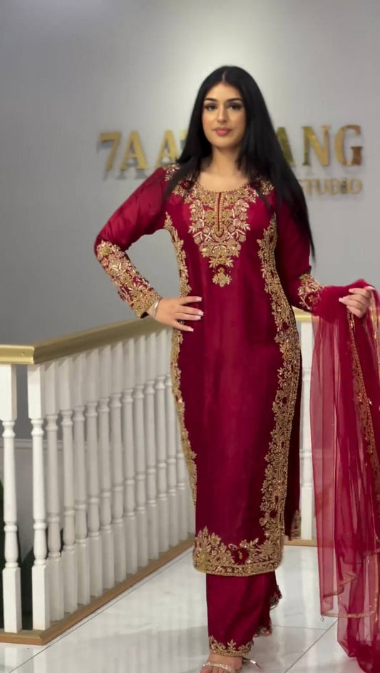 Stylish Occasion Wear in Roman Silk with Detailed Chine Stitch and Hand Work Accents - Jaipuri Vastra