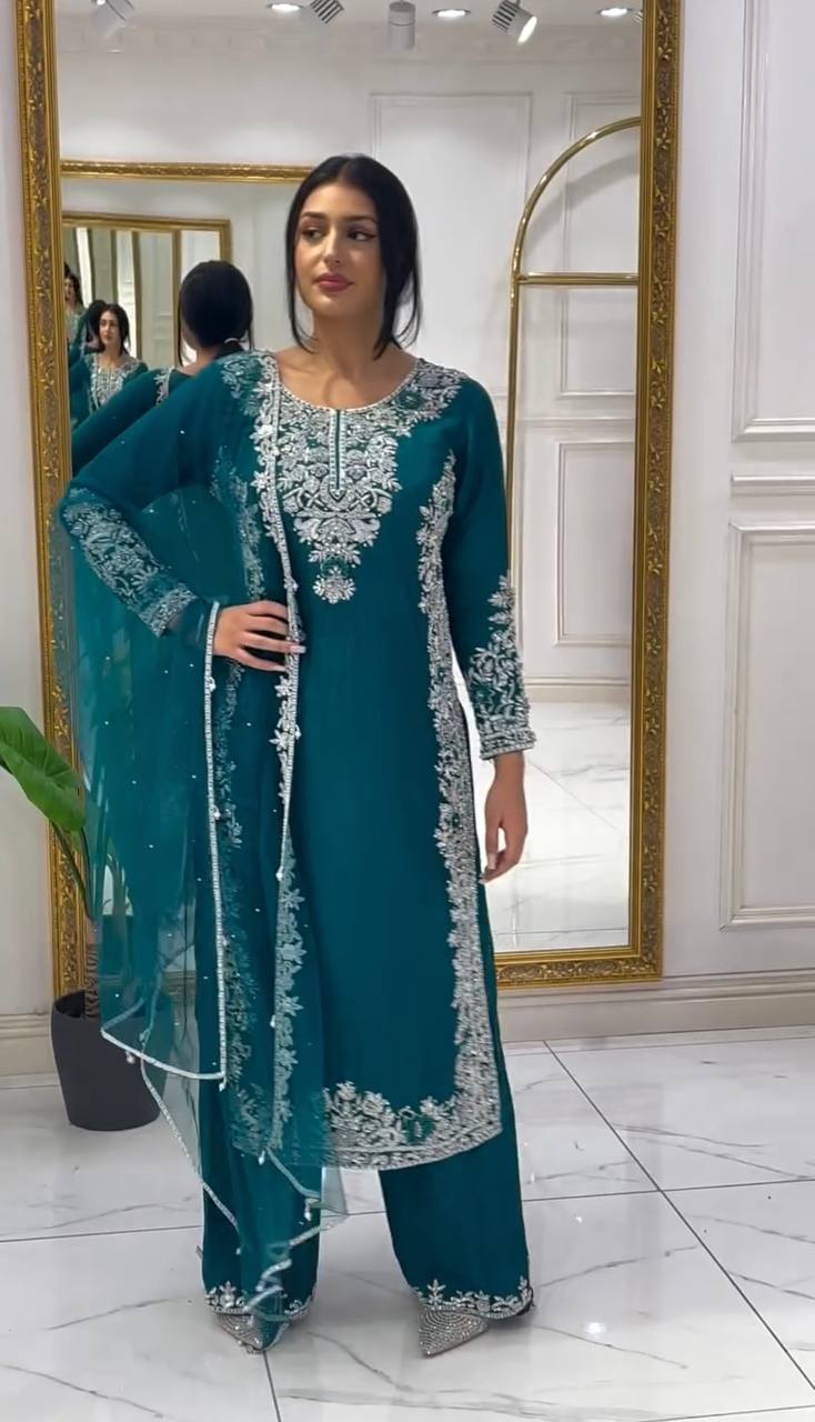 Stylish Occasion Wear in Roman Silk with Detailed Chine Stitch and Hand Work Accents - Jaipuri Vastra