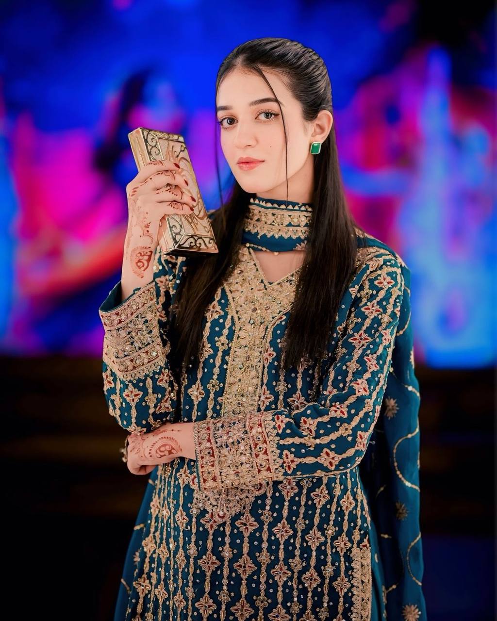 Stylish Dark Blue Outfit with Embroidered Sequin Work on Contrast Fabric Top and Palazzo - Jaipuri Vastra