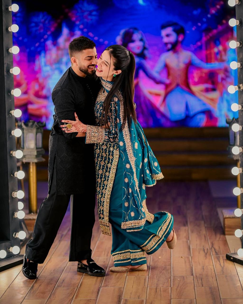 Stylish Dark Blue Outfit with Embroidered Sequin Work on Contrast Fabric Top and Palazzo - Jaipuri Vastra